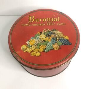 vtg baronial brand rum and brandy fruit cake metal tin round red htf as‎ is